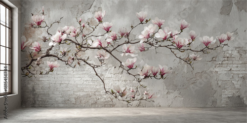 Delicate pink and white magnolia blossoms on a dark branch against a textured brick wall