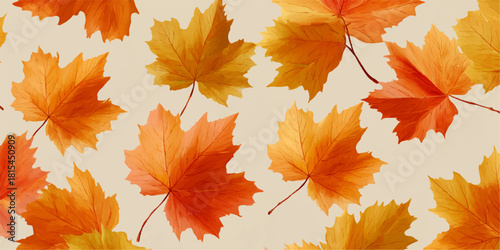 Seamless pattern of vibrant orange and yellow maple leaves scattered across a light beige background
