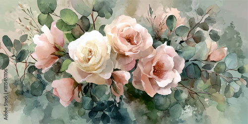 Soft focus pastel roses and greenery create a romantic and delicate floral arrangement