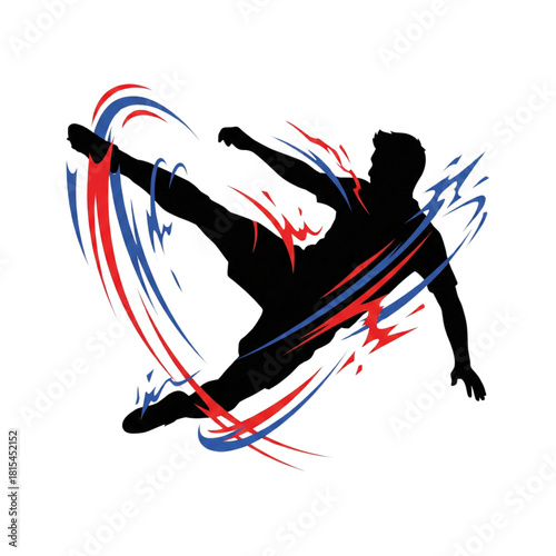Dynamic silhouette of an athlete kicking, surrounded by energetic red and blue graphic swirls, symbolizing power and motion in competitive sports 