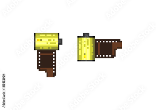 Pixel-style illustration of two yellow film canisters with unrolled brown photographic film strips, shown in a simple retro digital art style.