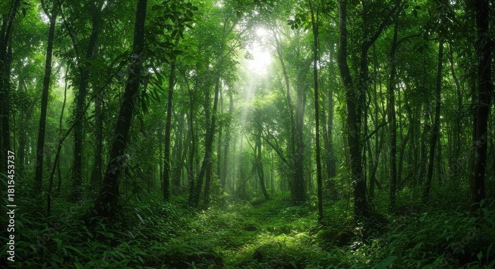 Obraz premium Dense tropical forest scene illuminated by bright overhead sunlight filtering through canopy