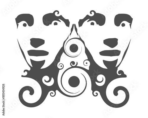Two young women face front view. Melted with spiral and decorated by curls. Elegant silhouette of a female heads. Split personality disorder.
