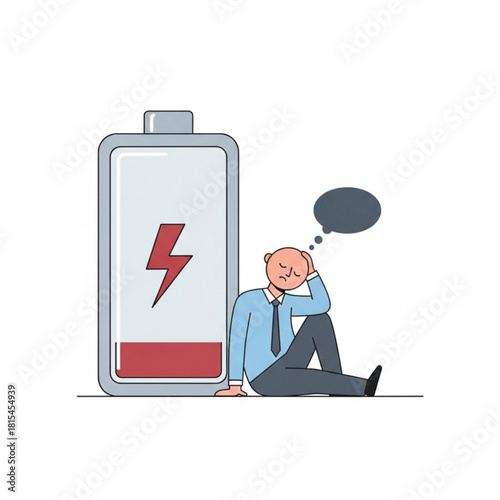 Exhausted person with burnout and mental fatigue leans against a low battery. Symbolizes stress, critically low energy, and the urgent need for rest and recharge