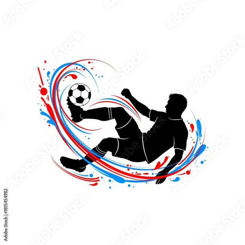 Dynamic soccer player executing an aerial kick amidst vibrant red and blue energetic paint splatters, embodying intense athletic action and sporting passion