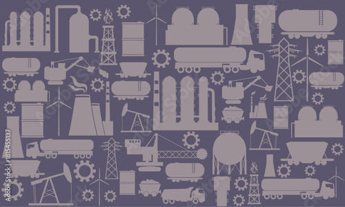 Concept of industrial plant and manufacture building. Energy generation and heavy industry. Background with industrial icons.