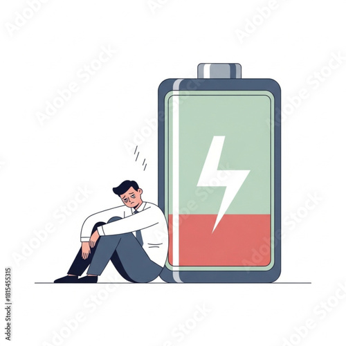 Conceptual illustration of an exhausted businessman experiencing burnout, sitting next to a large battery with a low energy charge