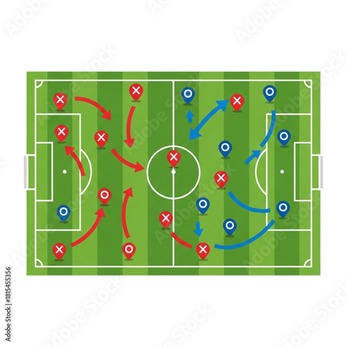 Strategic football game plan on a green pitch, illustrating team formations, player tactics, and offensive movement schemes. Vector soccer coaching board layout