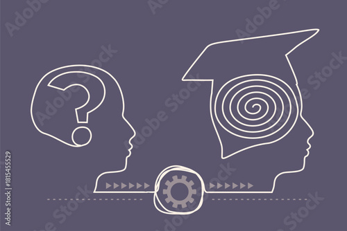 Personal growth and development. Business and education concept. Metaphor of problem solving, difficult situation. Question mark and spiral inside head of students. Coaching, training and brainstorm.