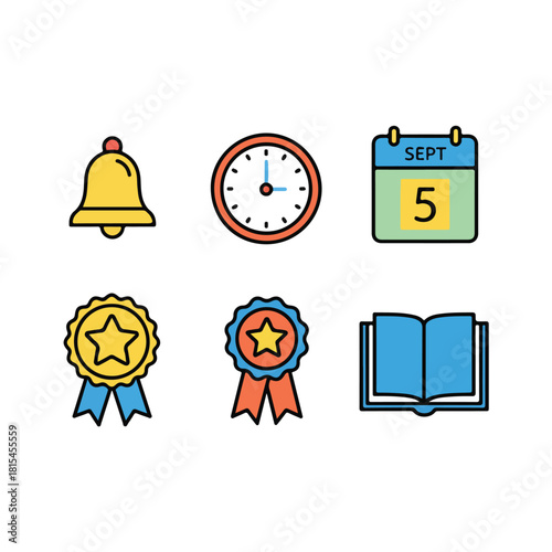 Set of icons bell, clock, calendar, book, prices 