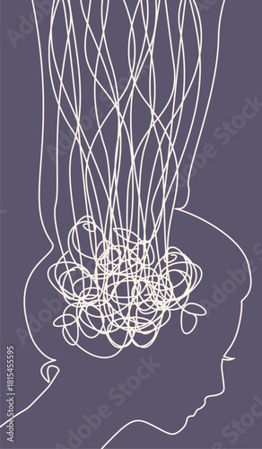 Stressed over thinking woman with his head fuming. Psychotherapy, stress and psychosis. Brain damage, cognitive disfunction. A tangled nerves, symbolizing a depressed state of a person.