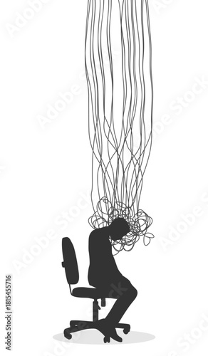 Stressed over thinking man with his head fuming. Psychotherapy, stress and psychosis. Brain damage, cognitive disfunction. A tangled nerves, symbolizing a depressed state of a person.