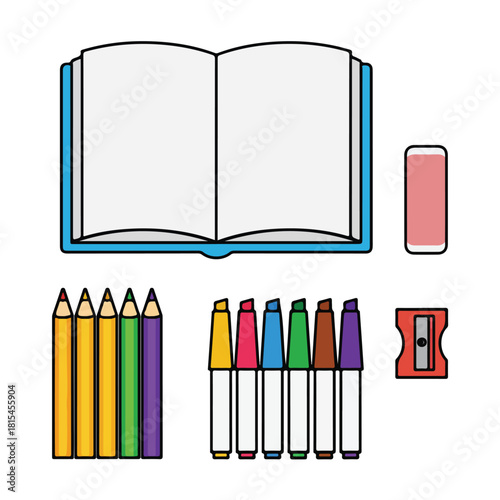 set of colour pencils and book