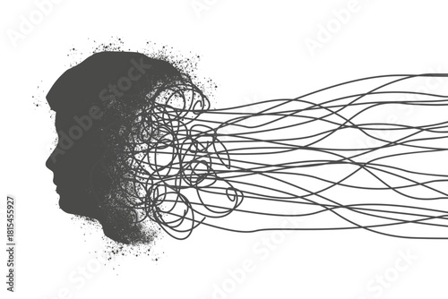 Stressed over thinking man with his head fuming. Psychotherapy, stress and psychosis. Brain damage, cognitive disfunction. A tangled nerves, symbolizing a depressed state of a person.