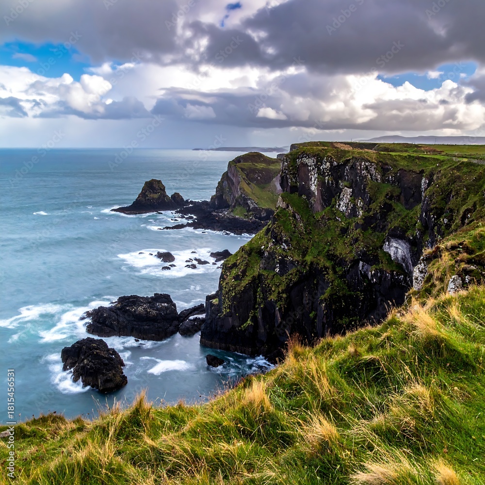 Obraz premium Coastal view featuring cliffs, ocean, grassy foreground, and cloudy sky
