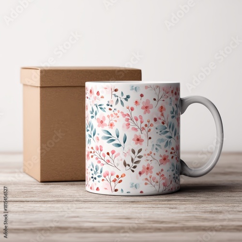 A floral-patterned mug beside a simple brown gift box, set on a wooden surface, creating a warm and inviting atmosphere.