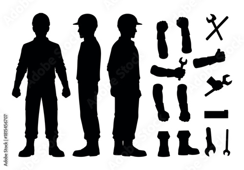 Silhouette of a construction worker in various poses and with tools, perfect for design and illustration