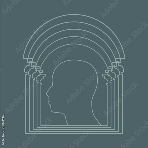 Psychotherapy concept. Metaphor of problem solving, difficult situation. Psychological help and mental health. Human head inside of arch frame. Self care, security and safety.