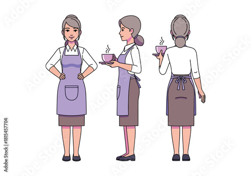 Illustration of a woman in an apron, viewed from the front, side, and back, holding a cup of coffee