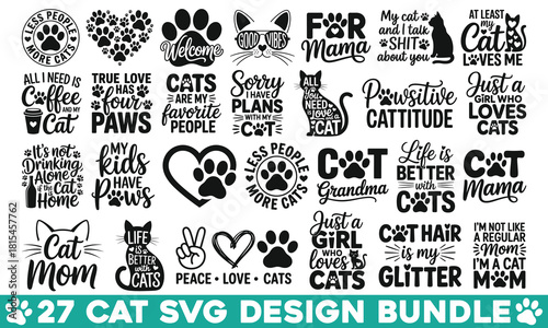 Funny Cat Quotes SVG Bundle, Vector Feline Typography, Silhouettes, and Paw Prints Collection for T-shirt Design.