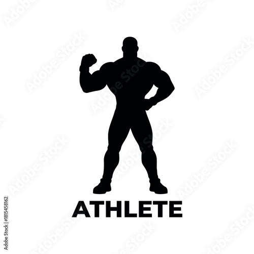 Black silhouette of a muscular athlete flexing his bicep, a powerful icon representing bodybuilding, gym culture, and physical fitness
