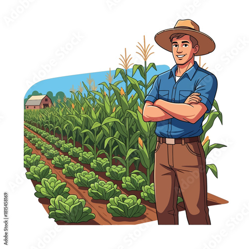 Farmer in Field with Vegetables and Corn Harvest Illustration