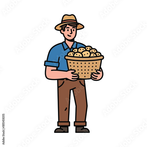 Farmer Holding a Basket Full of Potatoes Freshly Harvested From the Field