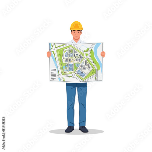 Engineer with Blueprint of Urban Planning Construction Project