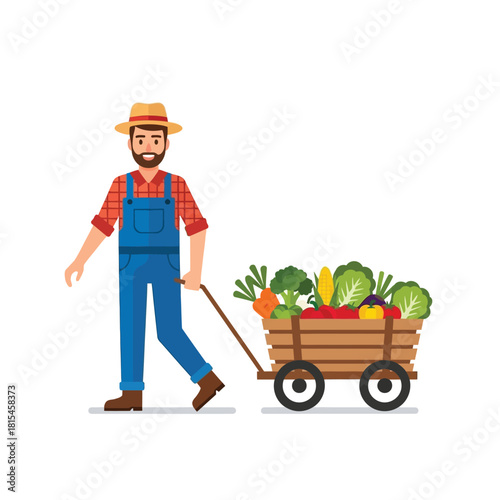 Farmer Pulling Wagon Full of Vegetables, Farm Fresh Produce Delivery