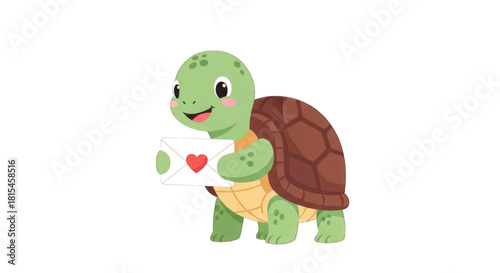 Adorable cartoon turtle holding a romantic love letter.