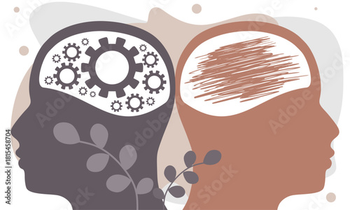 Metaphor of bipolar disorder. Split personality. Concept mood disorder. Two head silhouette. Psychology and mental health. Dual personality concept. Gears as brains. Mind conditions comparison.
