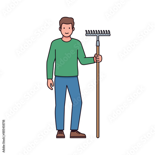 Man Holding Rake for Gardening or Yard Work Illustration Design