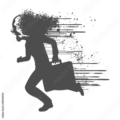 Businessman running with briefcase. Man having mental pressure or stress, broken into pieces. Bankruptcy on global economic recession and failure. Professional burnout concept.