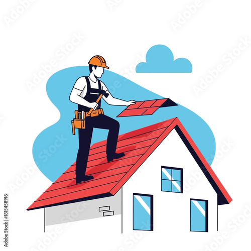 Roofer Repairing a Roof with Tiles, Home Improvement and Maintenance