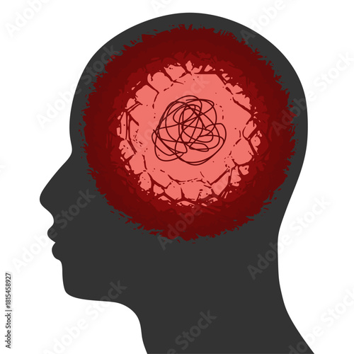 Dementia, memory loss, amnesia concept. Brain damage, cognitive disfunction. Alzheimer's disease. Illustration of a human head profile with damaged brain. Mental, psychological illness.