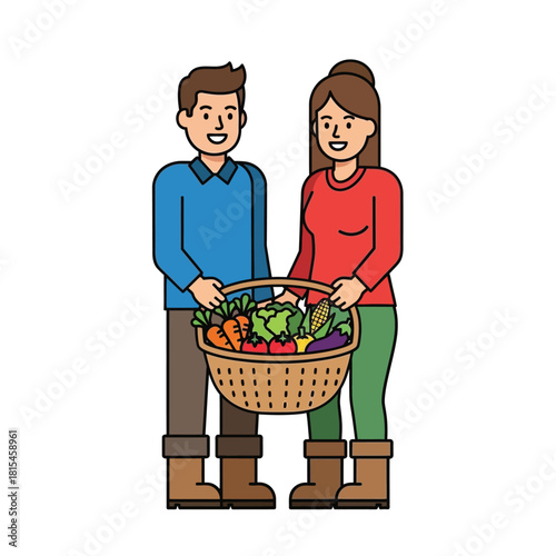 Couple with Basket of Fresh Produce from Local Farm