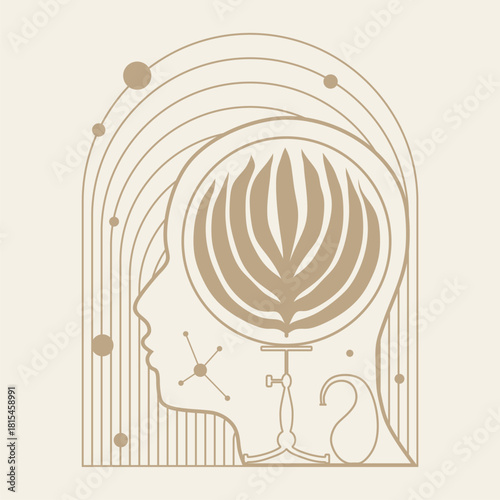 Human head with plant inside. Medicine, education and science concept. Positive thinking. Good mental health condition. Personal growth and development. Creativity and innovation.