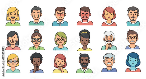 Set of cartoon faces expressing a range of emotions from happiness to sadness and anger