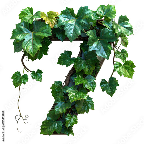 3d number 7 glossy vine canopy texture with layered reflective leaves on white