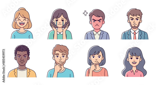 A diverse collection of cartoon character avatars showing various human emotions and expressions like happiness, sadness, anger, and thoughtfulness