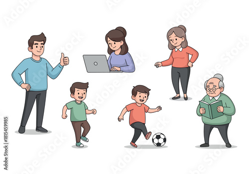 Family Activities A Cartoon Illustration Showcasing Diverse Generations Engaging in Various Activities