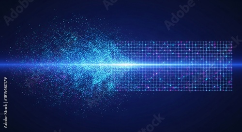 Futuristic visualization of digital transformation, where chaotic particles of big data are organized into a structured information grid