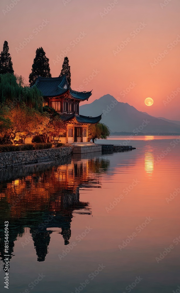 Obraz premium Chinese architecture under the moonscape