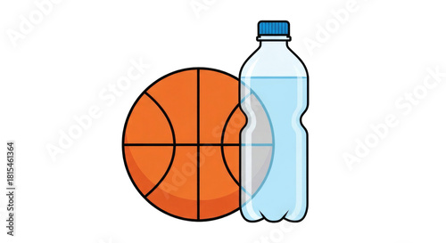 An orange basketball and a clear plastic bottle of water.