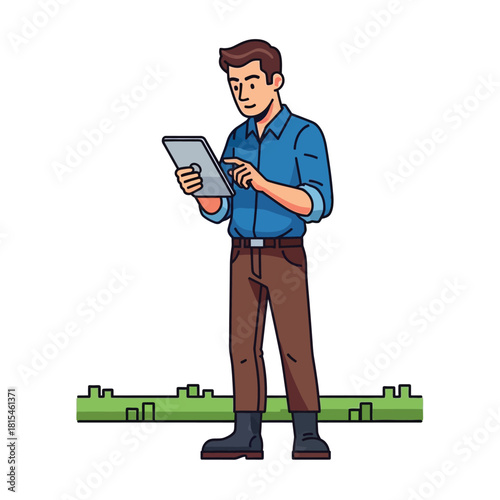 Farmer Inspecting Crop with Tablet in Field Modern Agriculture