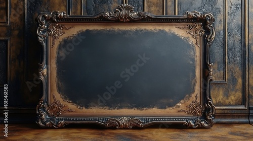 Ornate, empty frame with intricate gold details against a dark wood paneled wall