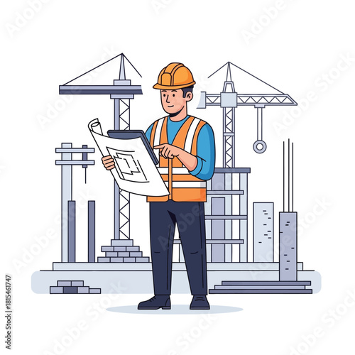 Construction Worker Inspecting Blueprints at Building Site Illustration