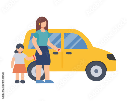 Mother With Daughter Entering Yellow Taxi Car
