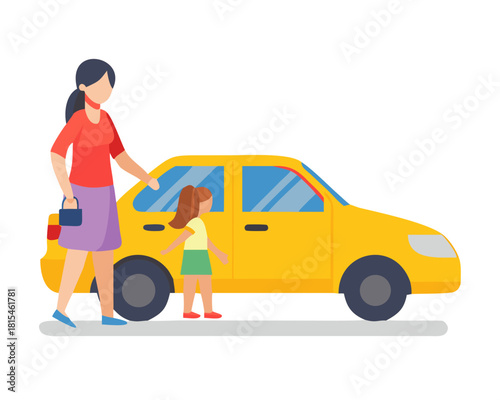 Mother With Daughter Entering Yellow Taxi Car
