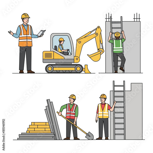 Construction Crew Working on Site with Machinery and Ladders